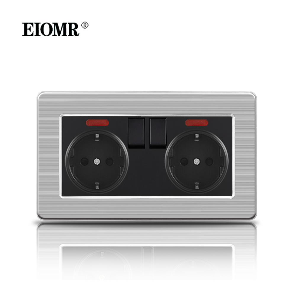 EIOMR 16A Black EU Standard Wall Sockets and Switches Stainless Steel Panel with Children Protective Door with USB Power Outlet