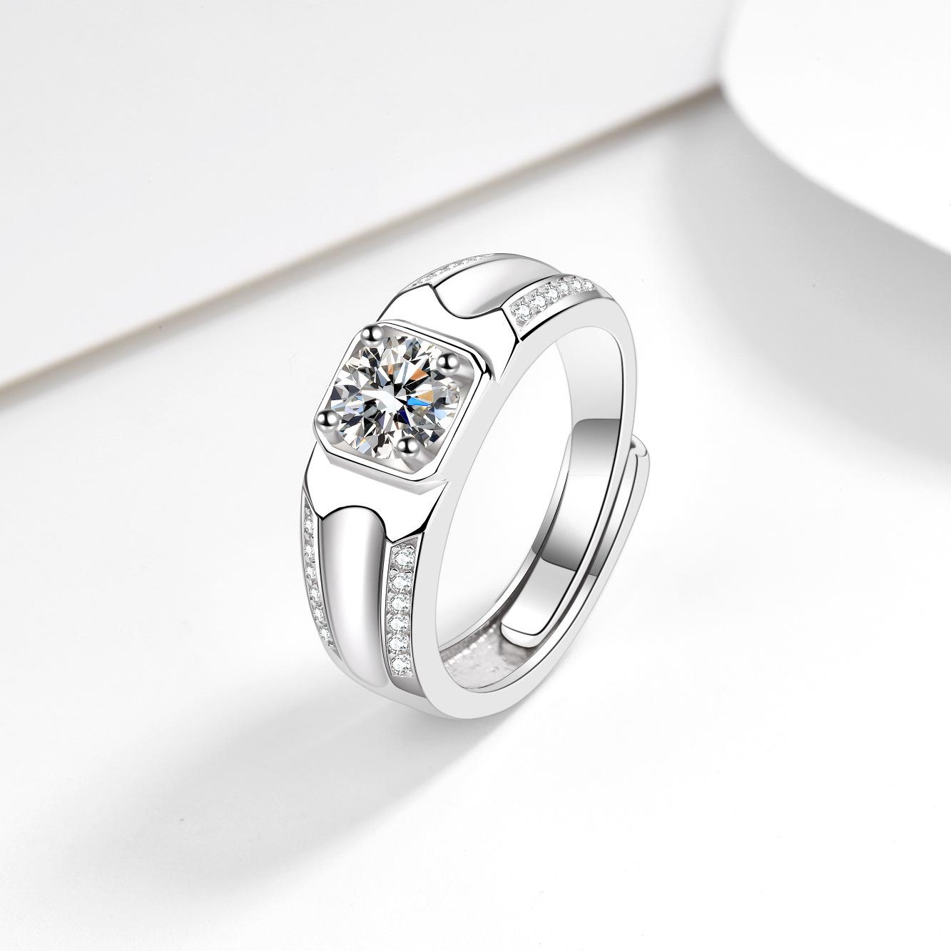 Men s Adjustable S925 Sterling Silver Wedding Ring with Diamonds Adjustable Opening