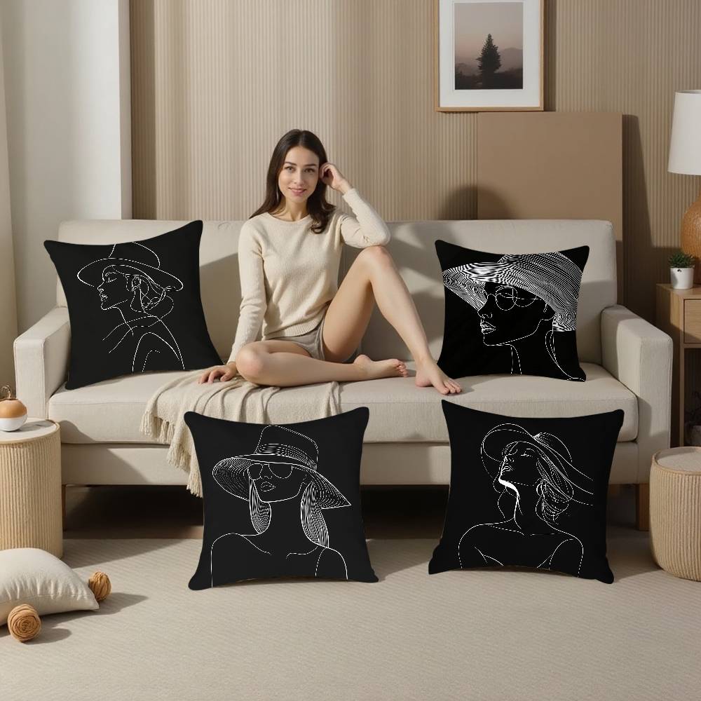Black White Lines Fashion Woman Pillow Case Plush Fabric Soft Pillowcase Double Sided Print Cushion Cover Household Gifts