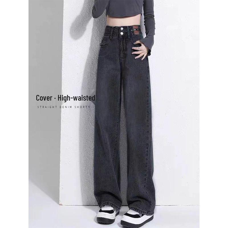 

Velvet Straight-Leg High-Waist Jeans for Women - Autumn/Winter Style, Slimming Fit for Pear-Shaped, Petite Frames, Wide-Leg Design. Black Gray - Regular