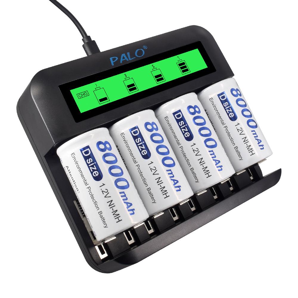 PALO LCD Battery Charger for 1.2v Ni-Mh Ni-Cd AA AAA C D Size Rechargeable Battery+8000mah 1.2V D Size Rechargeable Battery