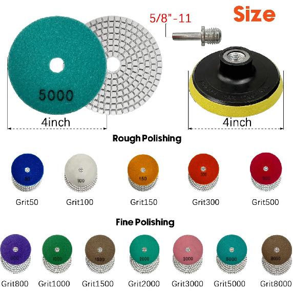 Diamant Polierscheiben Set Nass/Trocken Quarz Polierkit, Granit Stein Beton Marmor Fliesen Polierpads für Schleifer, 12 Stück 4 Zoll 50#-8000# Körnung Pads