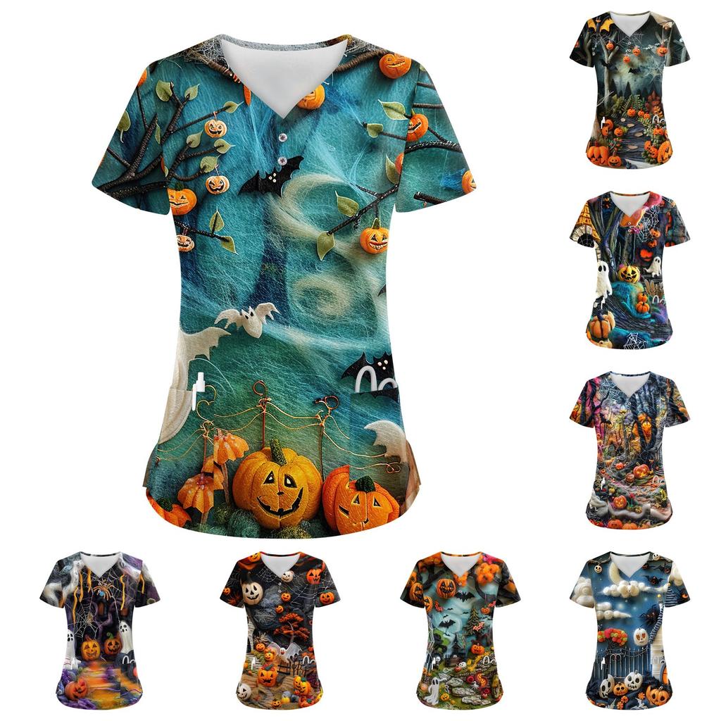 Women's Button V Neck Fashion Casual Halloween Print Tops Dry-nurse Top,Scrubs Tops For Women,2 Pockets