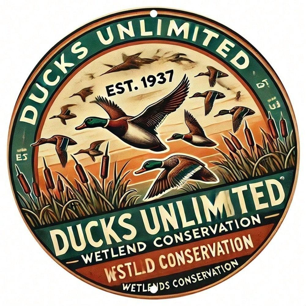 DUCKS UNLIMITED Vintage Metallschild 8x12 Zoll Retro Blech Wanddeko Jagdhütte Hütte Man Cave Feuchtgebiet Wildtiere Enten Kunst Poster