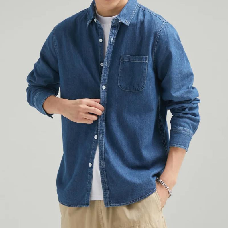 Spring and Summer Denim Shirts for Men Daily Casual Shirts Pure Cotton Lapel Collar Long Sleeve Men Shirt with Pocket Korean Fashion Men Tops