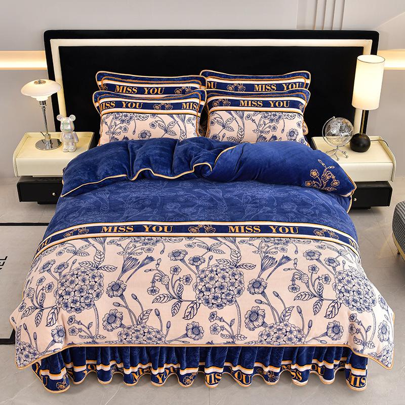 Thickened Winter Four-piece Home Set Milk Gold Mink Velvet Four-piece Set Farai Velvet Coral Velvet Bed Skirt Quilt Cover Bedding