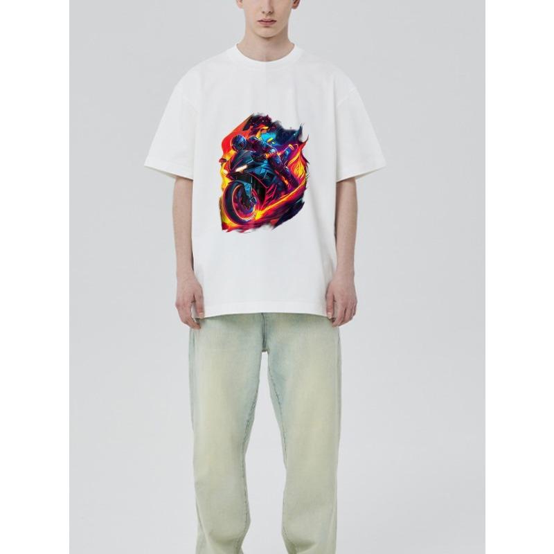 Crewneck T Shirt White Motorcycle Rider with Flame Design for Casual Wear