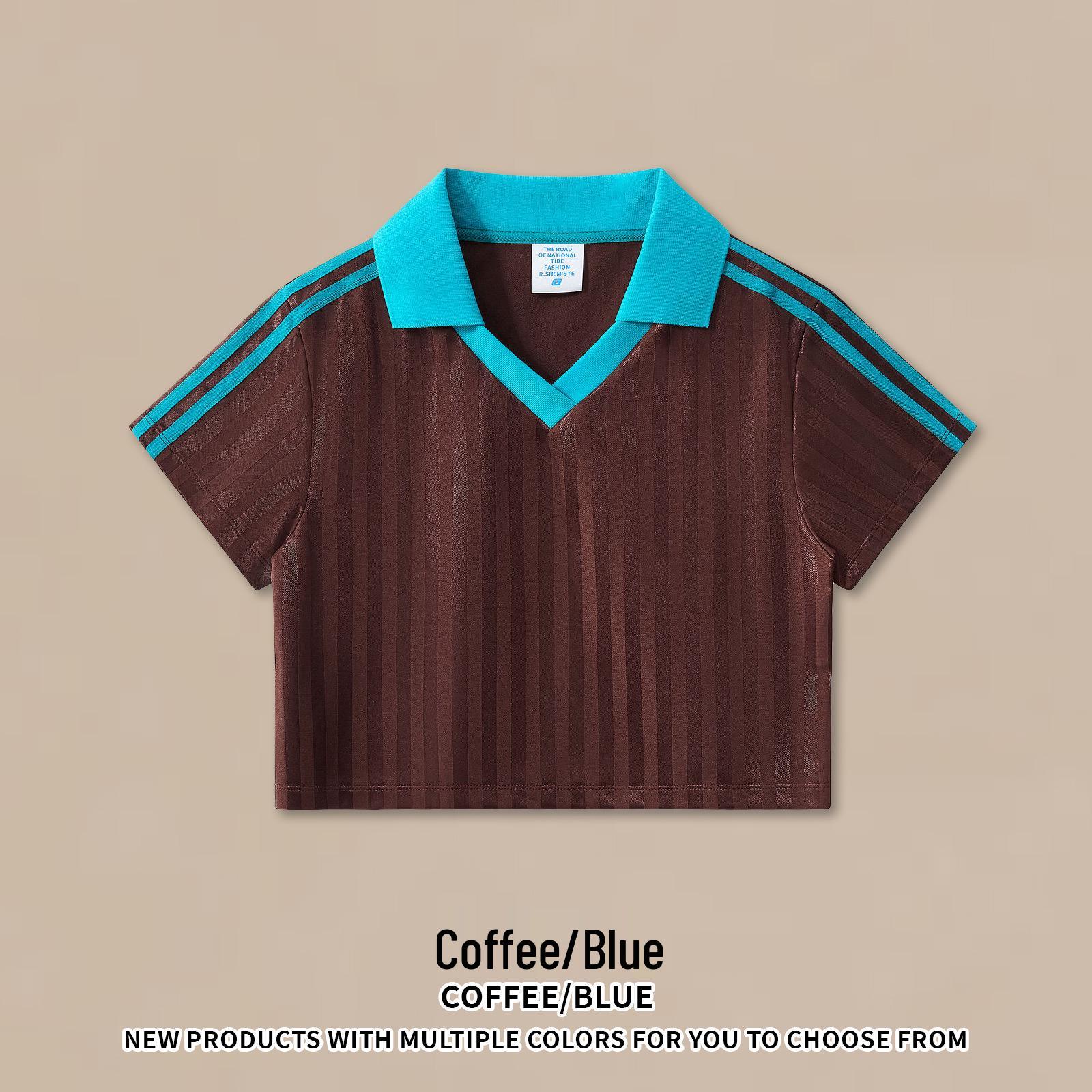 

Millennium Hot Girl Retro V-Neck Football T-shirt with Patches and Stripes - Short Sleeve Women s Top S кофейный/синий