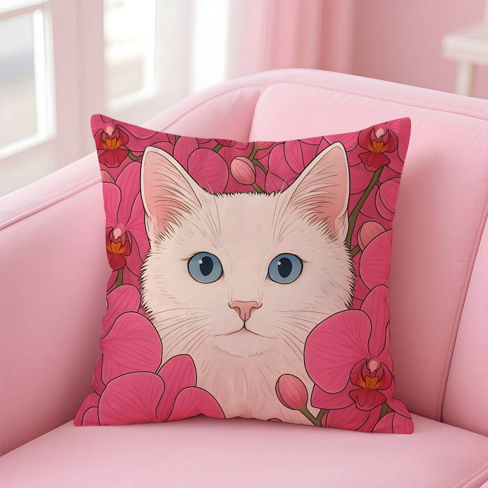 Cat In the Flowers Aesthetic Pillow Case Pattern Printing Pillowcase Living Room Sofa Cushion Cover Bedroom Room Decor