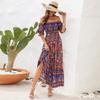 Abito midi da donna Boho per vacanze al mare, con spalle scoperte e maniche a sbuffo