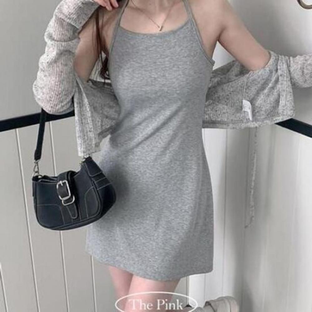 The Pink Women S Holter Neck Slim Fit Mini dreSS + Bolero Cardigan Set