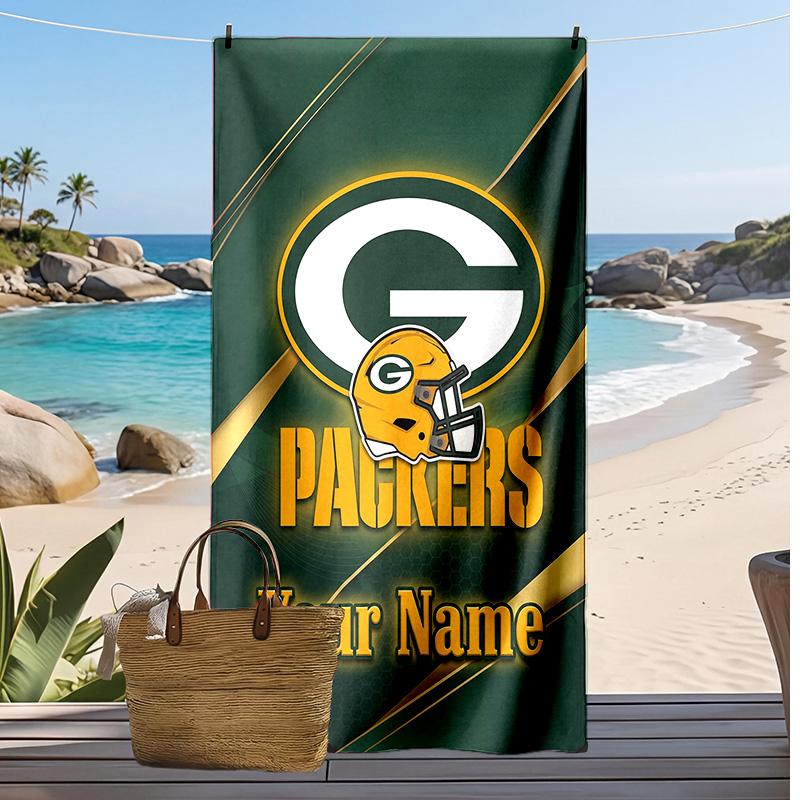 Green Bay Packers Custom Beach Towel, Print Your Name Text Lightweight Absorbent Towel for Swimming Travel