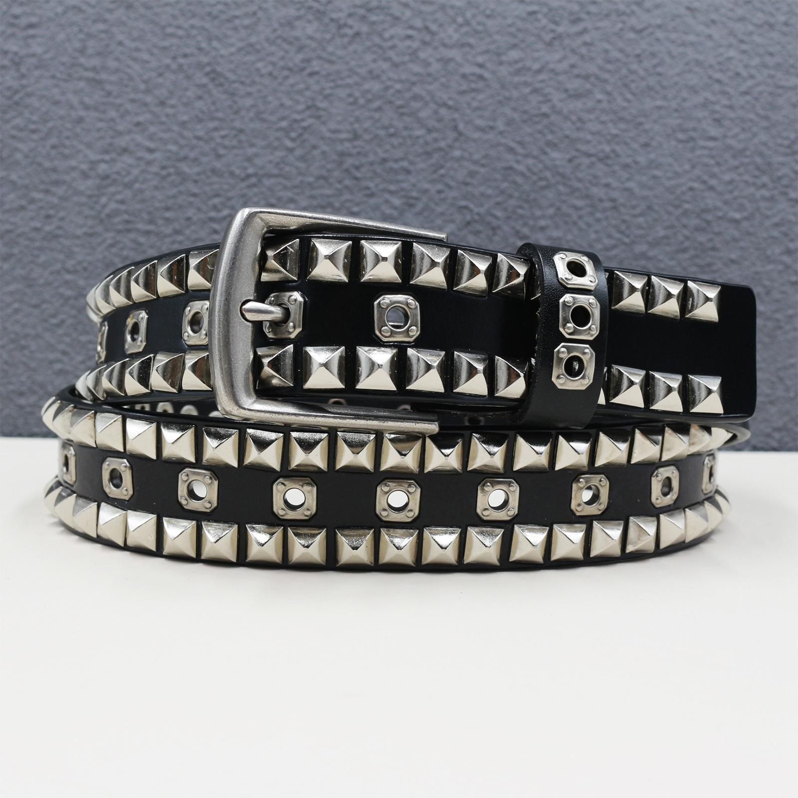 High-quality Heavy Industry Thick Square Nail Rivet Leather New Style Personalized Hollow Rivet Cowhide Belt 125cm