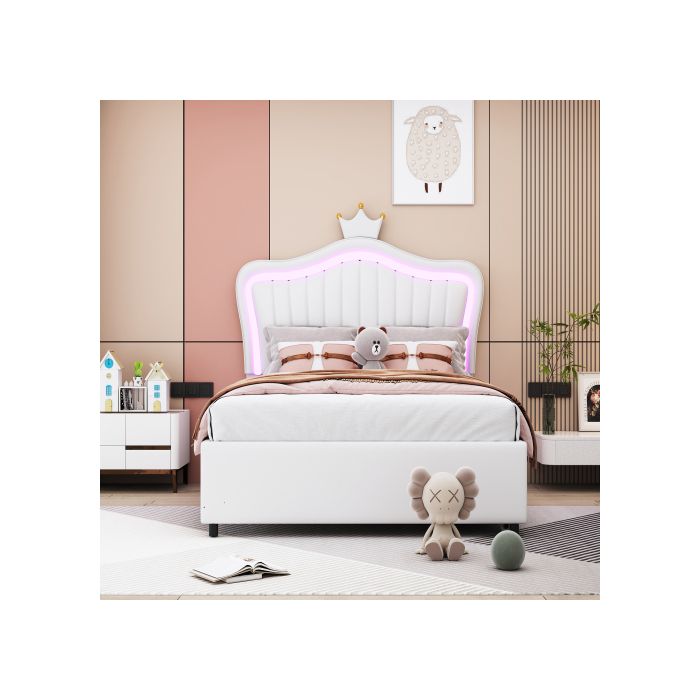 Lit d'enfant - MUVOE - 90 x 200 cm - Similicuir blanc - Tiroirs de rangement - LED multicolore