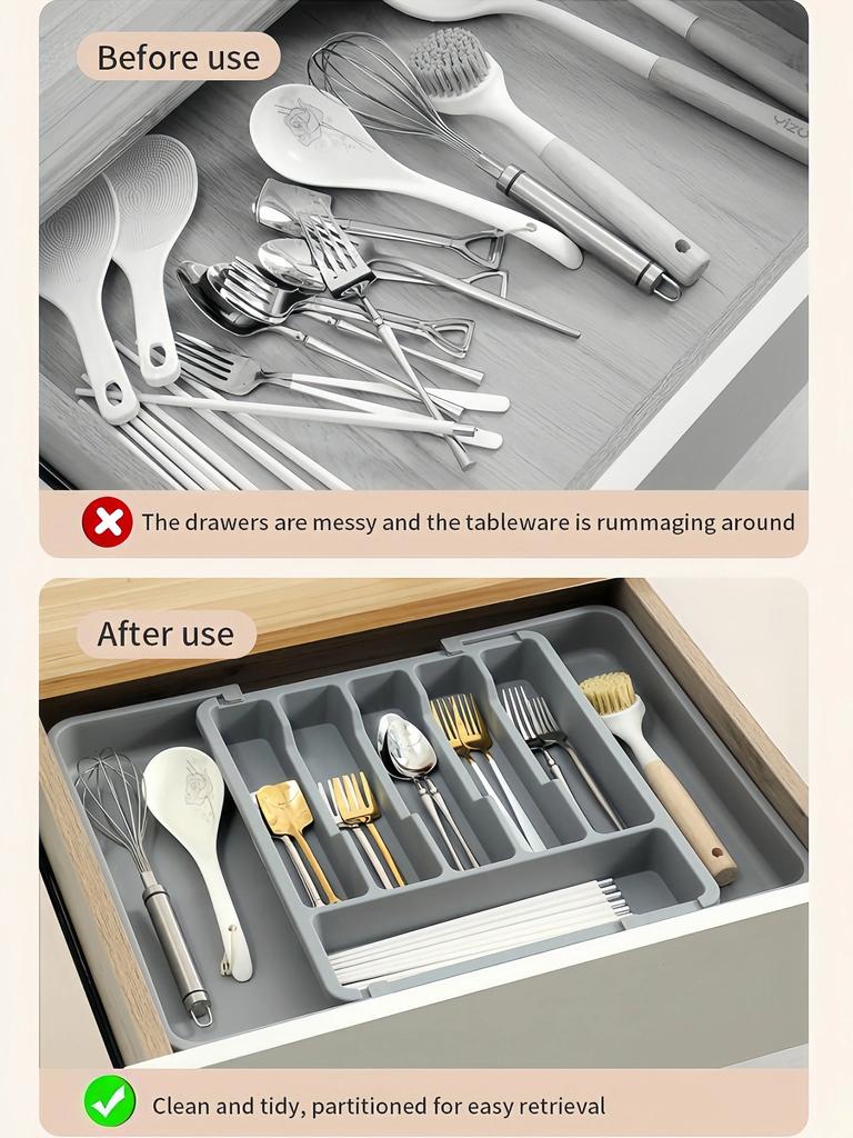 2Pcs Black Drawer Organizer  Expandable Utensil Tray for Kitchen  Used for Spoons, Forks, and Knives Cutlery Organiser
