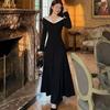 Women's Retro Cross Lace Patchwork V-Neck A-Line Dress - Autumn Winter Slim High-Waisted Design