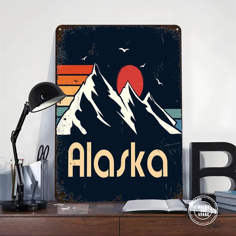 Alaska Mountain Sunset Retro Illustration Printed Poster Customized Wall Art Retro Vintage Metal Tin Signs for Home House Decor