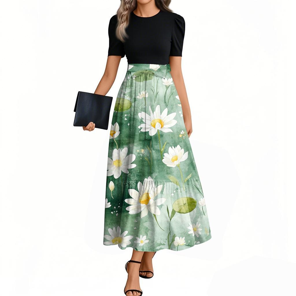 Women's Fashion Casual Belt Short Sleeve Round Neck Floral Stitching Elegant Temperament Dress