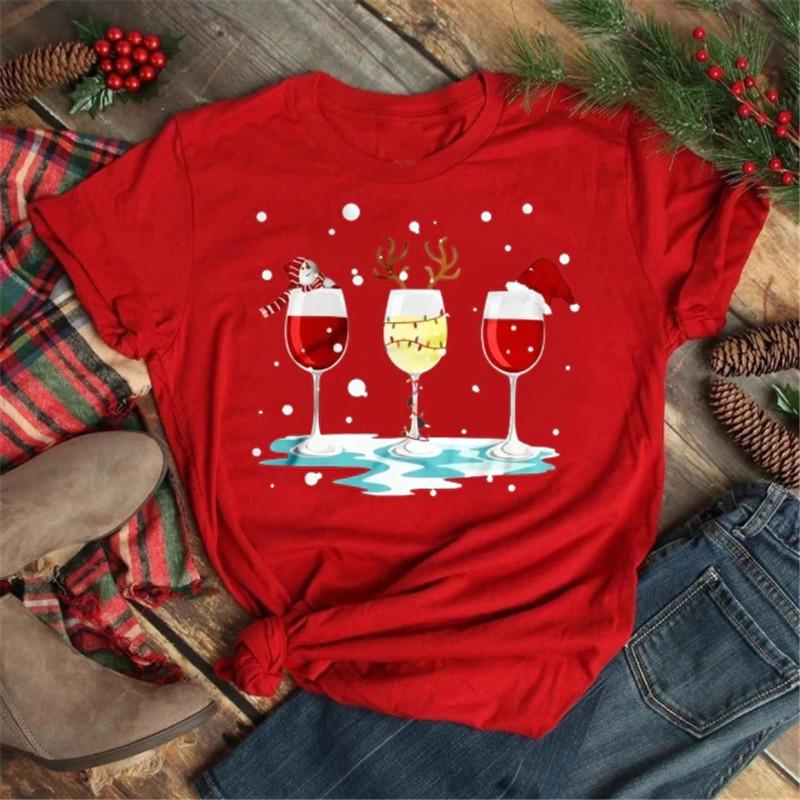 Polyester  100% New Christmas Happy Christmas Tree Santa Claus Casual and Fashionable Round-neck Short-sleeved Women's Base Tops