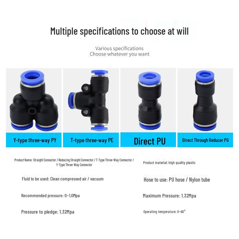 Pneumatic Quick Connect Reducing Tee Joint for PU/PE/PY/PG Tubing (4-12mm)