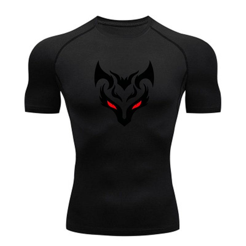 Men's Compression Fitness Sport T-Shirt, Cool Devil Face Red Eyes Print Quick Dry Breathable Athletic Top for Gym Workout Training Running Active Wear