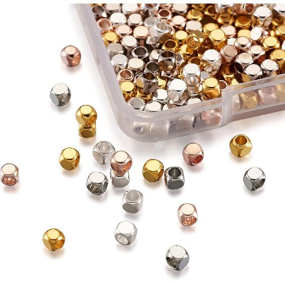 Pandahall 400pcs 3x3mm Cube Spacer Beads Faceted Brass Square Column Nugget Beads Mixed 4 Colors for Jewelry Making Hole: 2mm