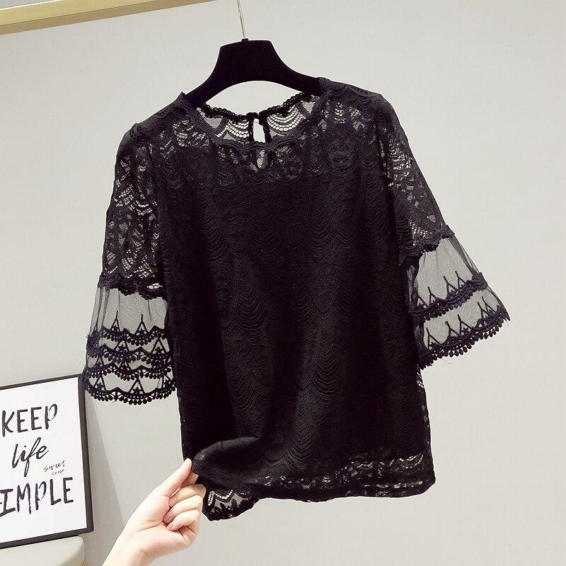 Bluză de vară 2022 pentru femei, coreeană, din dantelă, cămașă albă pentru femei, cu mânecă scurtă, cămăși largi, pulover, topuri pentru femei 20603