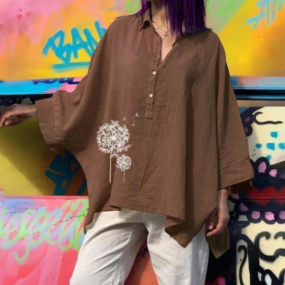 

Жіночі весняні топи з рукавами «летюча миша» великого розміру з лацканами з нерегулярним подолом з м’якими ґудзиками з рукавами «летюча миша» повсякденний жіночий одяг M-3XL 3XL коричневий/білий