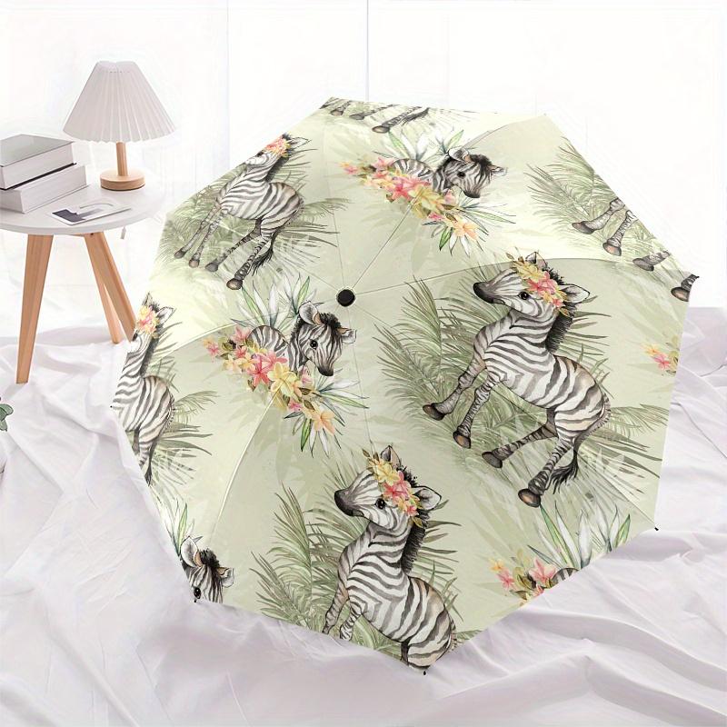 Zebra Floral Pattern Automatic Folding Umbrella 8 rib Lightweight Design, Durable Iron Frame, Compact and Portable, Perfect Gift for Birth