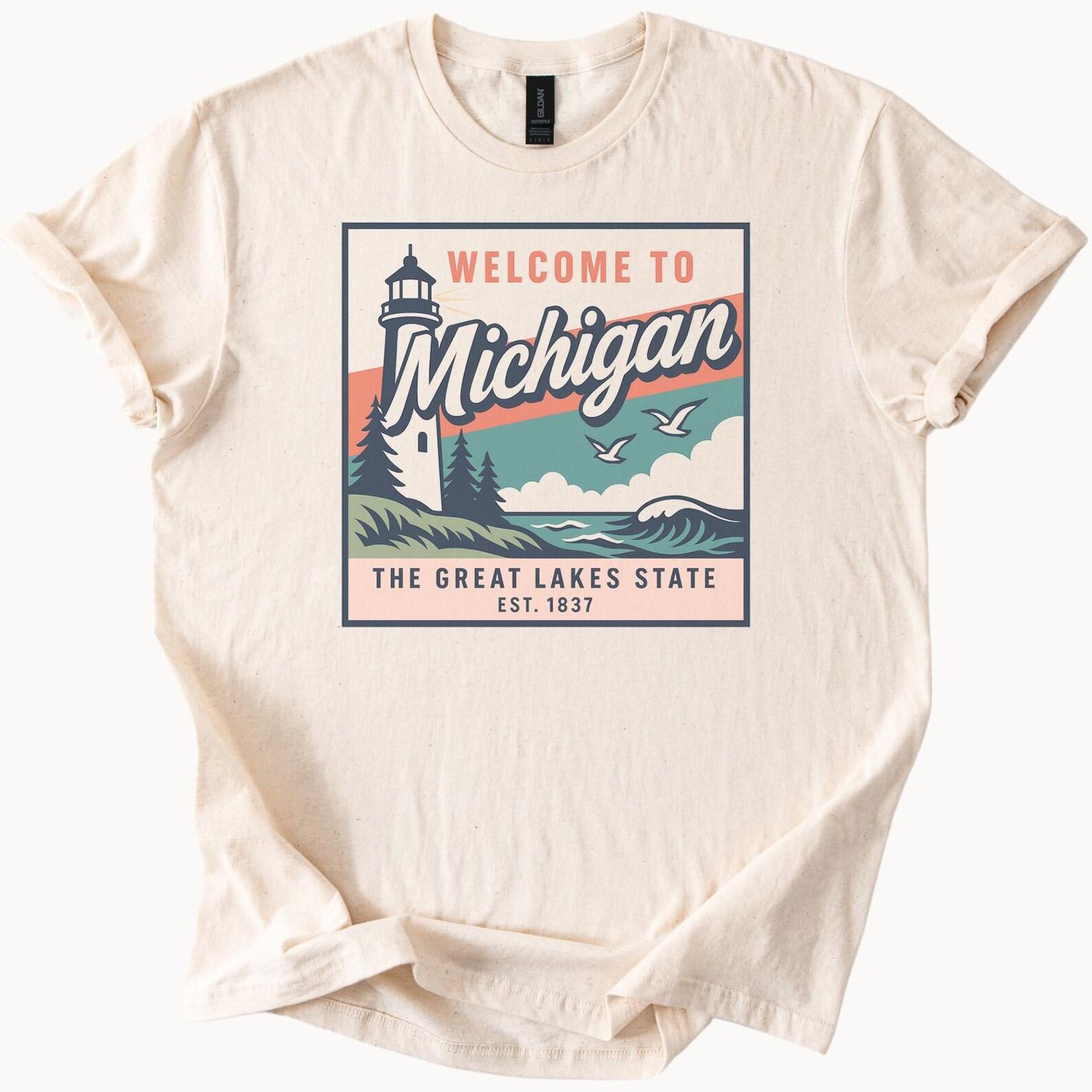 Michigan Lighthouse Graphic T Shirt Great Lakes State Nature Scene Surfing Waves Seagulls Welcome To Michigan Gift Est 1837 Tee 100