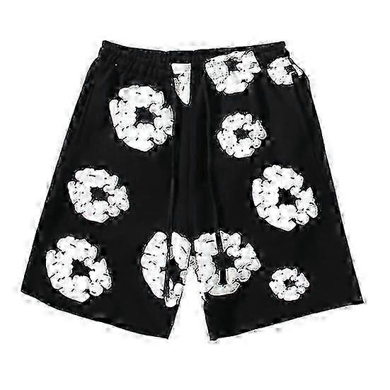 PACA BASE Zomer herenshorts bloemenprint trekkoord elastische taille losse zakken geplooid vakantie strand sport casual homewear korte broek M zwart