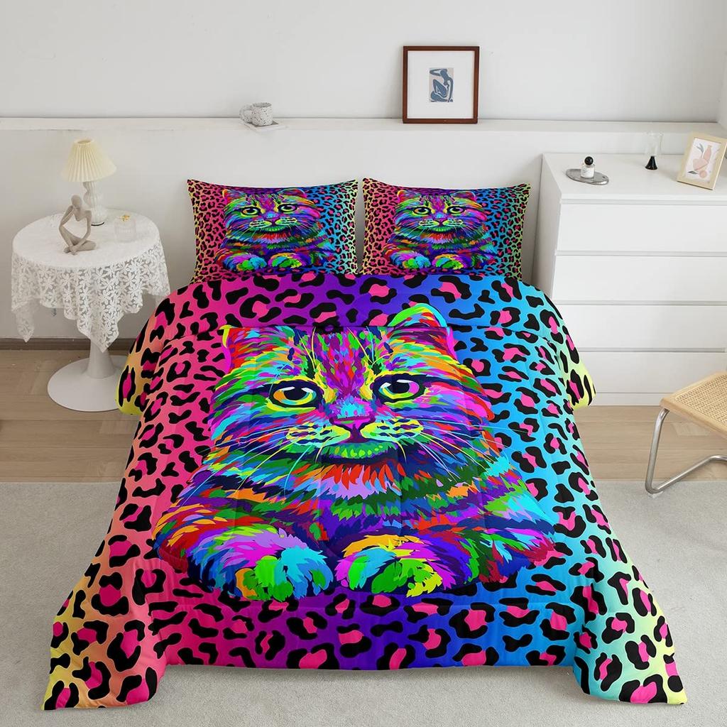 Cute Kitten Bedding For Girls Boys Black Cat Pattern 3 Piece Decorative Duvet Cover Set King Size Bedroom Decor Comforter Cover