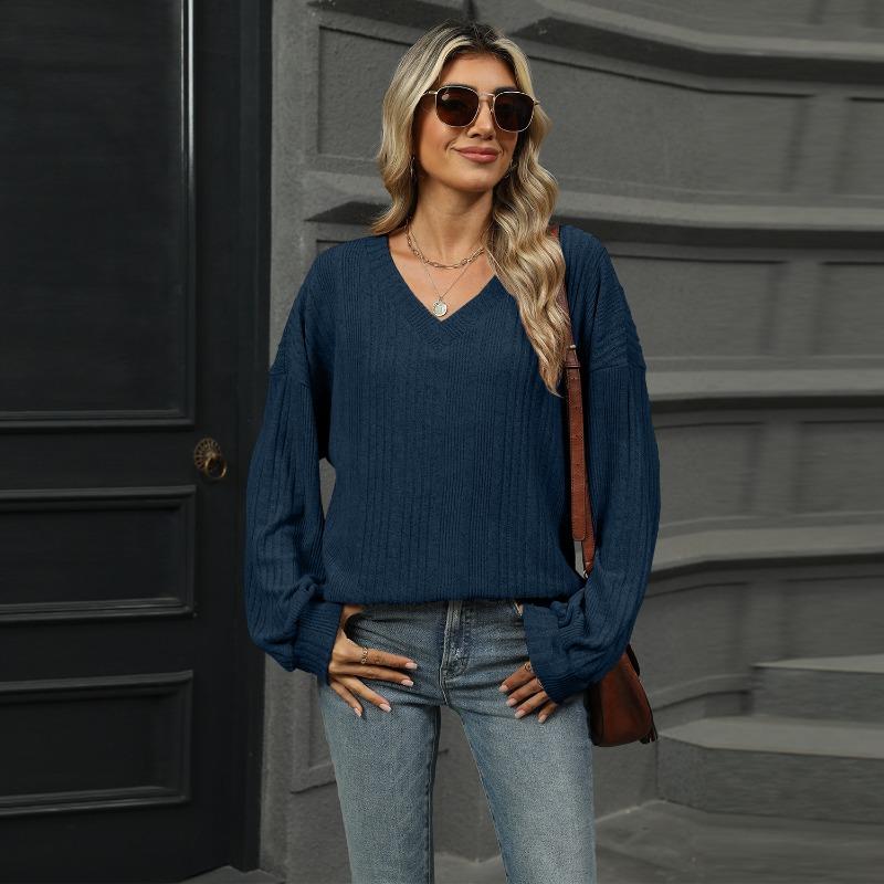 Autumn and Winter V-neck Loose Casual Long Sleeved T-shirt Women Fashion Elegant Simple New Solid Color Top Office Shirt Women's Clothing