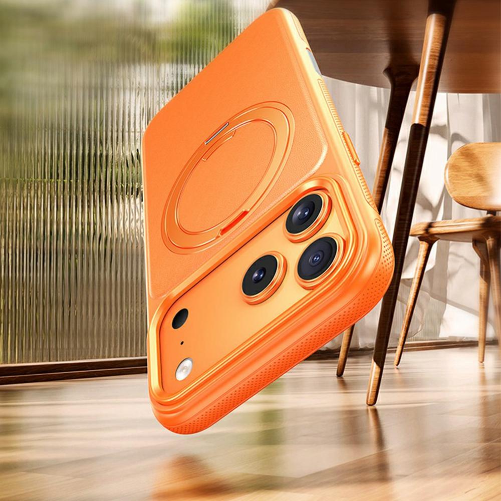 For iPhone 17 Pro Case Compatible with MagSafe Rotating Kickstand Litchi Texture PC TPU Phone Cover