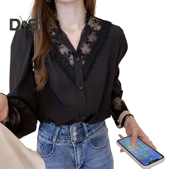 

Женская рубашка с кружевным лоскутным воротником-стойкой и цветочной вышивкой, однобортная, с длинным рукавом, однотонная, в стиле OL Commute, мягкая женская блузка с верхом на весну и осень M чёрный