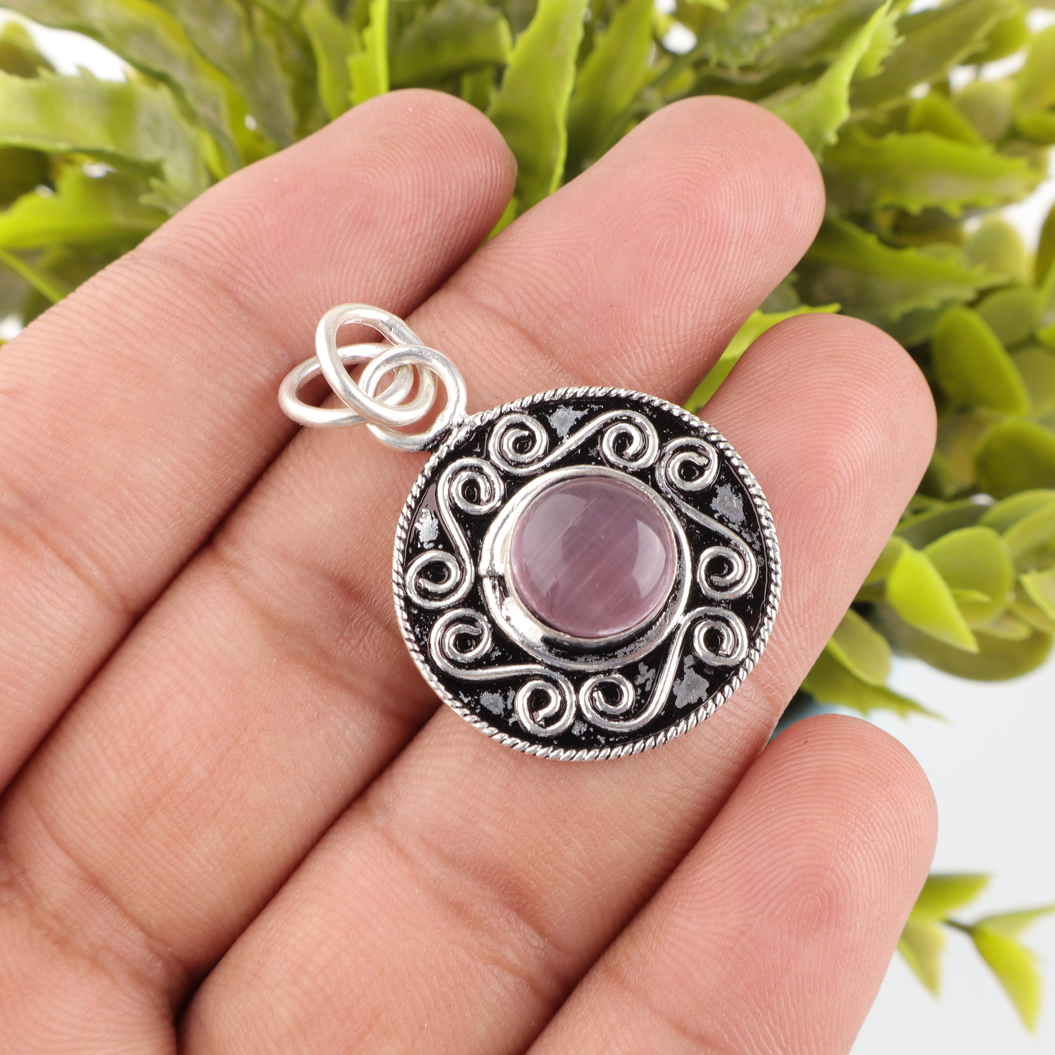 

Purple Cat s Eye 925 Sterling Silver Pendant, Handmade Boho Silver Jewelry, Gorgeous Cat s Eye Gemstone Jewelry For Gift 1.2 Inches