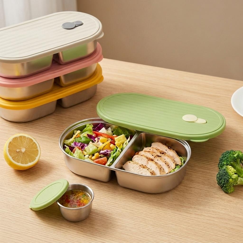 2 Grids 304 Stainless Steel Bento Lunch Box With Sauce Box Portable Sealed Fruit Salad Food Container For Student Microwave Safe