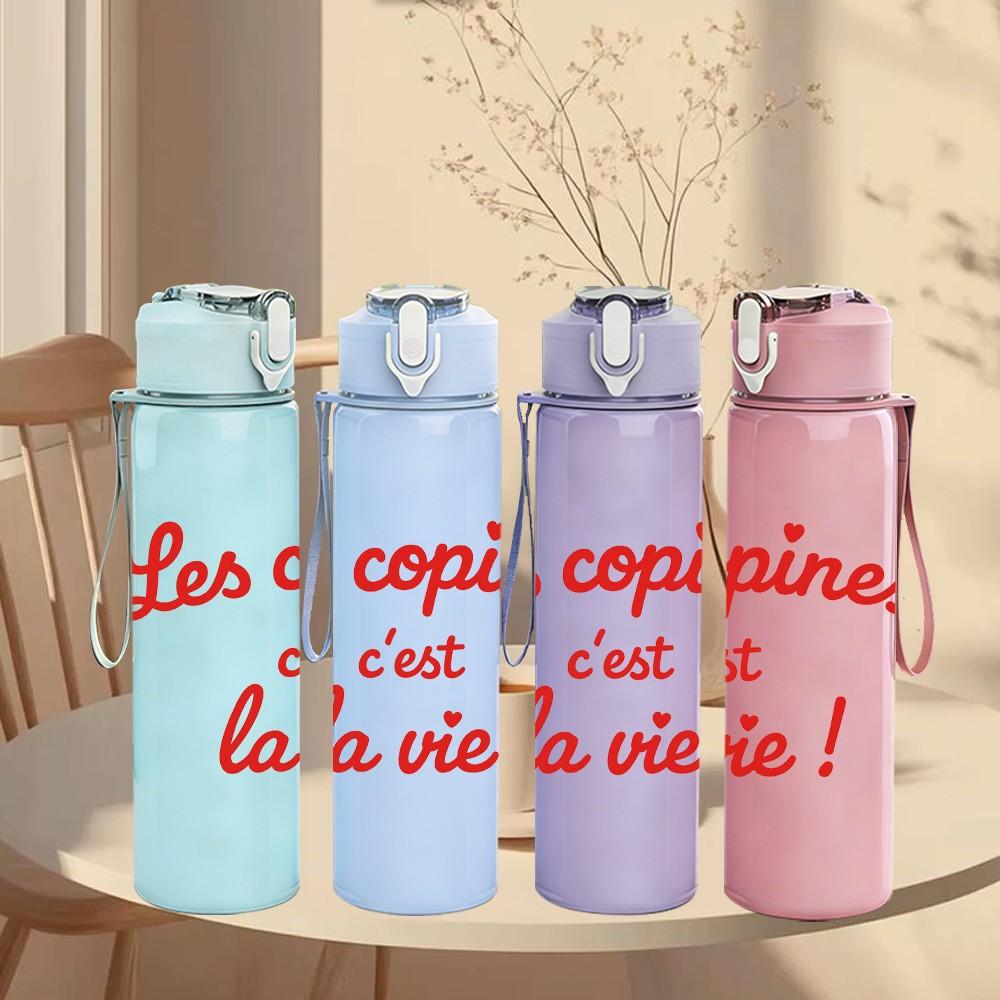 1PC Les Copines French Letter Print 750ml Color Plastic Sports Water Bottle Leakproof Flip Straw Lid Suitable for Sports Office Home Use