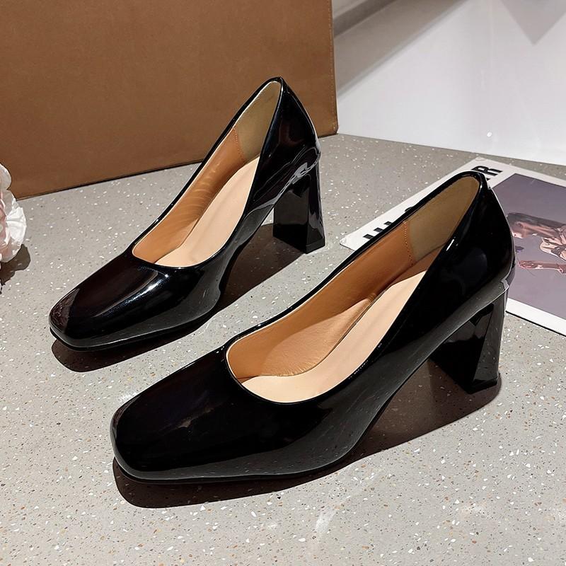 Square Head Thick Heel Women's Single Shoes Spring New Fashion Casual One-pedal Small Leather Shoes Nude Light Mouth High Heels