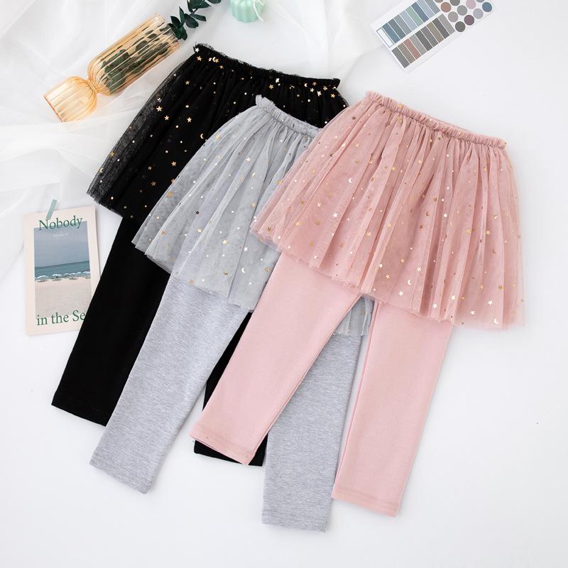 Pantaloni a Culotte in Pizzo da Principessa per Primavera e Autunno: Gonna in Tulle con Stelle di Paillettes Stile Coreano Leggings per Bambine