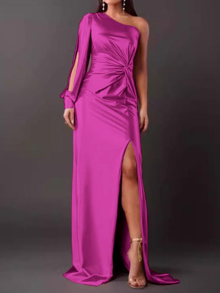 One Shoulder Bell Sleeve Twisted Knot Front Slit Maxi Dress Navy Blue