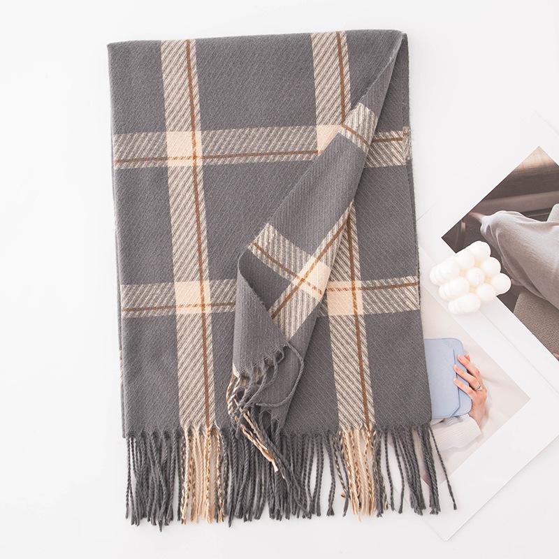 Checkered Thickened Warm Scarf for Women Versatile for Both Sides  Student Scarf Faux Cashmere Dual-purpose Large Shawl  Korean Version