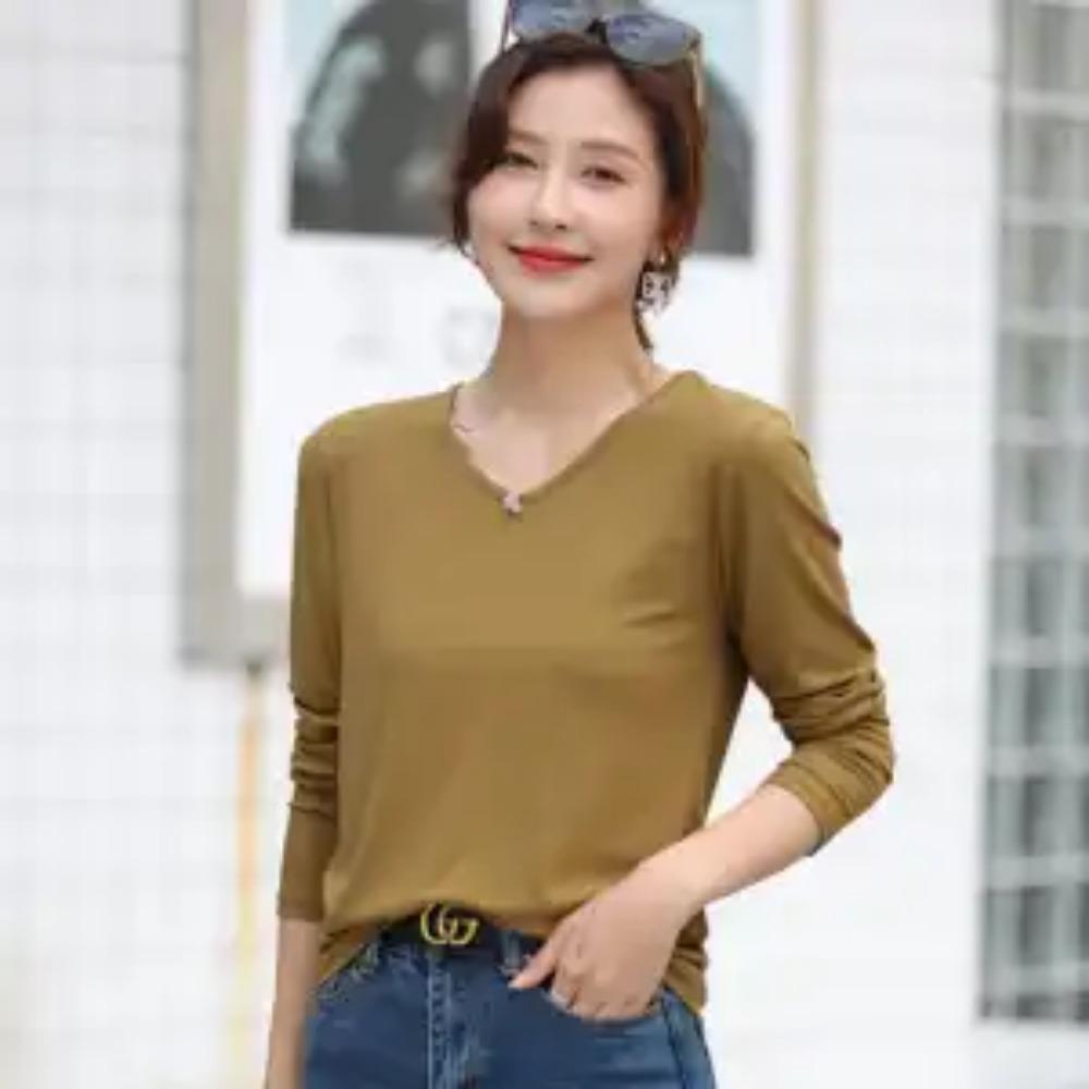 Spring Autumn Women Solid Basic Bottoming T-shirt Female Clothing Fashion Casual Modal Knitted V-Neck Versatile Long Sleeve Top