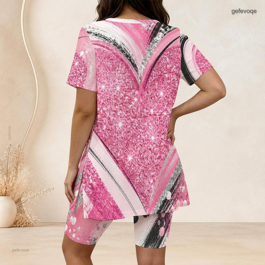Women Plus Size 2 Piece Set Crew Neck Short Sleeve Side Slit Top Biker Shorts Neon Graffiti Heart Star Print Outfit