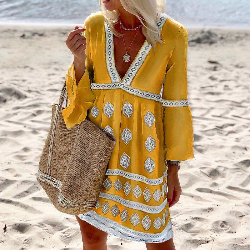 

JPNTKY Fashion Summer Spring 3/4 Sleeves V-Neck Casual Dresses XL