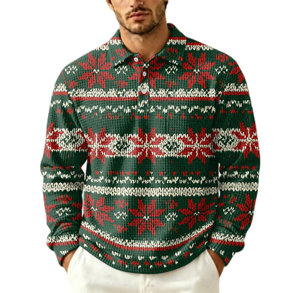 Herren Herbst Strickpullover mit Kragen und Tasche, Weihnachtsdruck Langarm Freizeit Oberteil