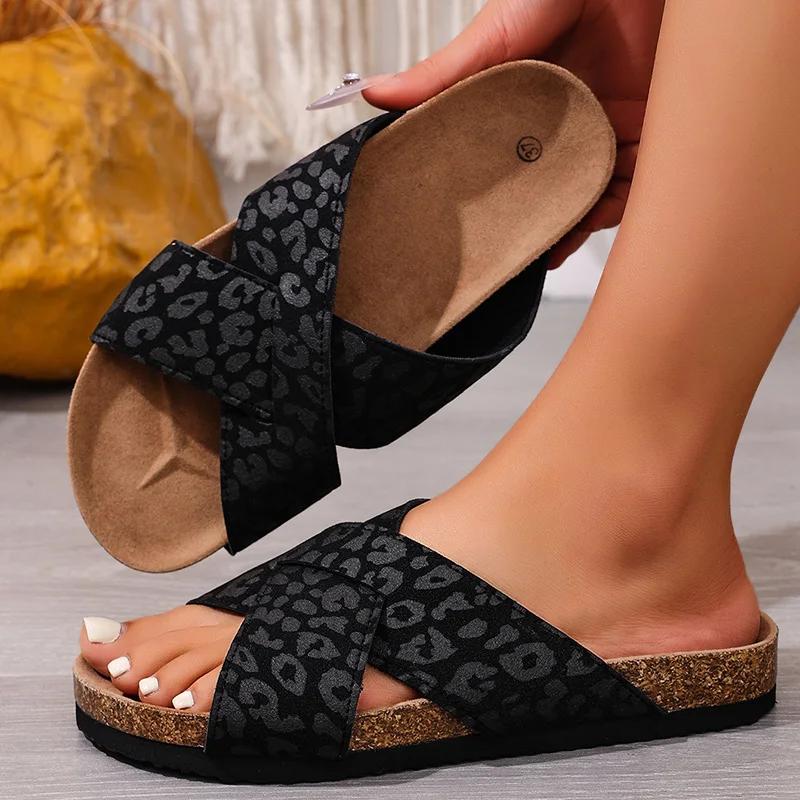 Fashion Leopard Flat Slippers for Women Plus Size Cross Band Light Platform Slippers Woman 2025 Summer Comfort Non Slip Beach Shoes