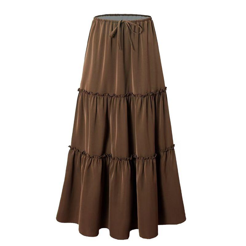 

European and American New Fashion High Waist Pocket Long dress Lace-up Skirt High Waisted Lace up Skirt Brown S