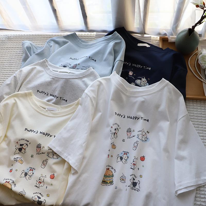 

Летняя женская футболка в корейском стиле с мультяшным принтом, повседневная, свободного кроя One Size