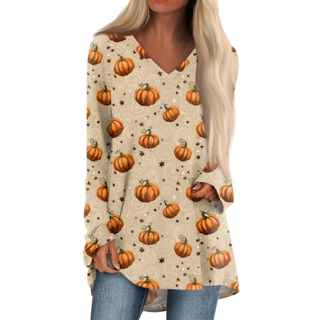 Dámské módní a ležérní tričko s halloweenským potiskem, s dlouhým rukávem, výstřihem do V, středně dlouhé